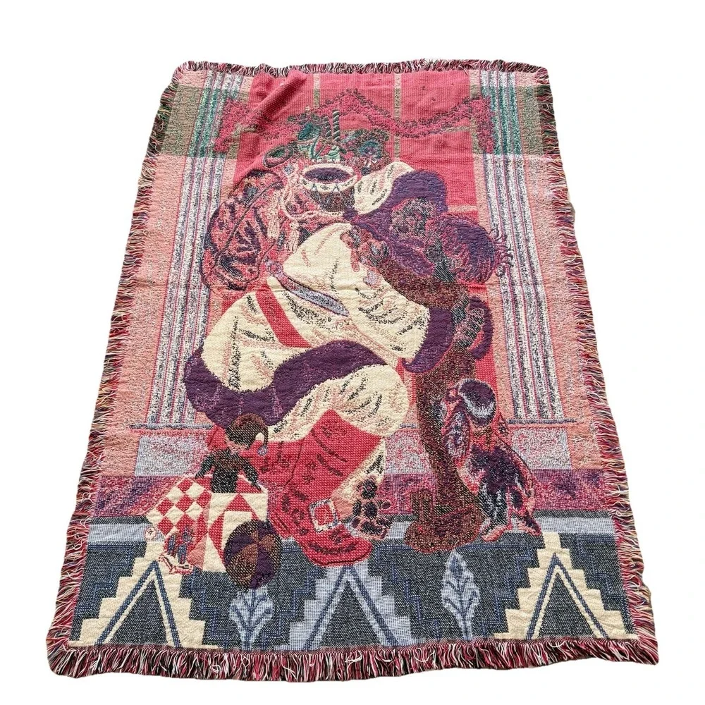 Vintage Santa Claus Woven Tapestry Throw Blanket Christmas Fringe 42x62